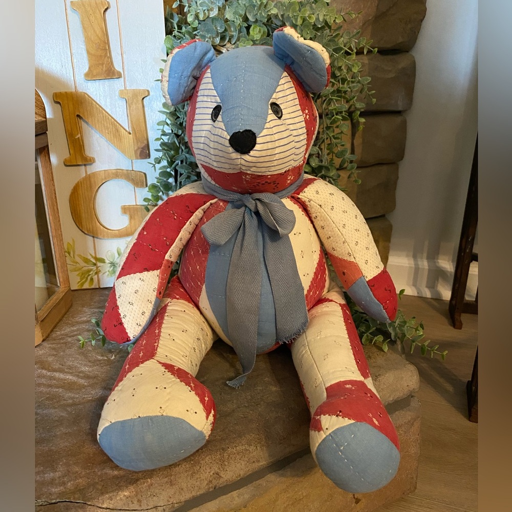 Vintage Handmade Patchwork Teddy Bear - Red, Cream & Blue w/button eyes